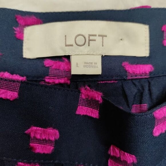 LOFT Navy Blue/Pink Clip Ruffle Square Neck Ruffle Sleeve Festival Top Size L - Picture 7 of 12